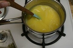 Lemon curd heated and almost to the correct temperature (170 F)